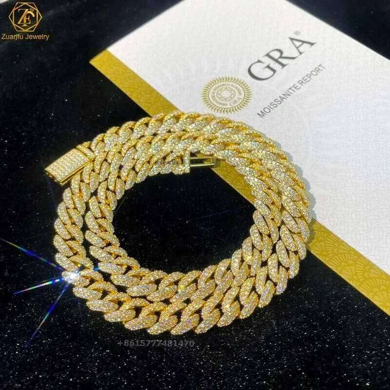 Fine Jewelry Hip Hop Iced Out 14k Gold Plated Miami Link 12mm 2 Rows Thick Solid Sier Vvs Moissanite Cuban Chain