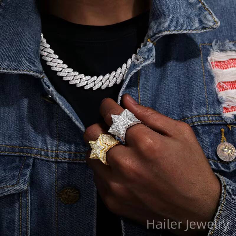 Hailer Joyas Wholesale Luxury 18k Gold Plated Hiphop VVS Moissanite Pinky Star Silver Ring for Men 925