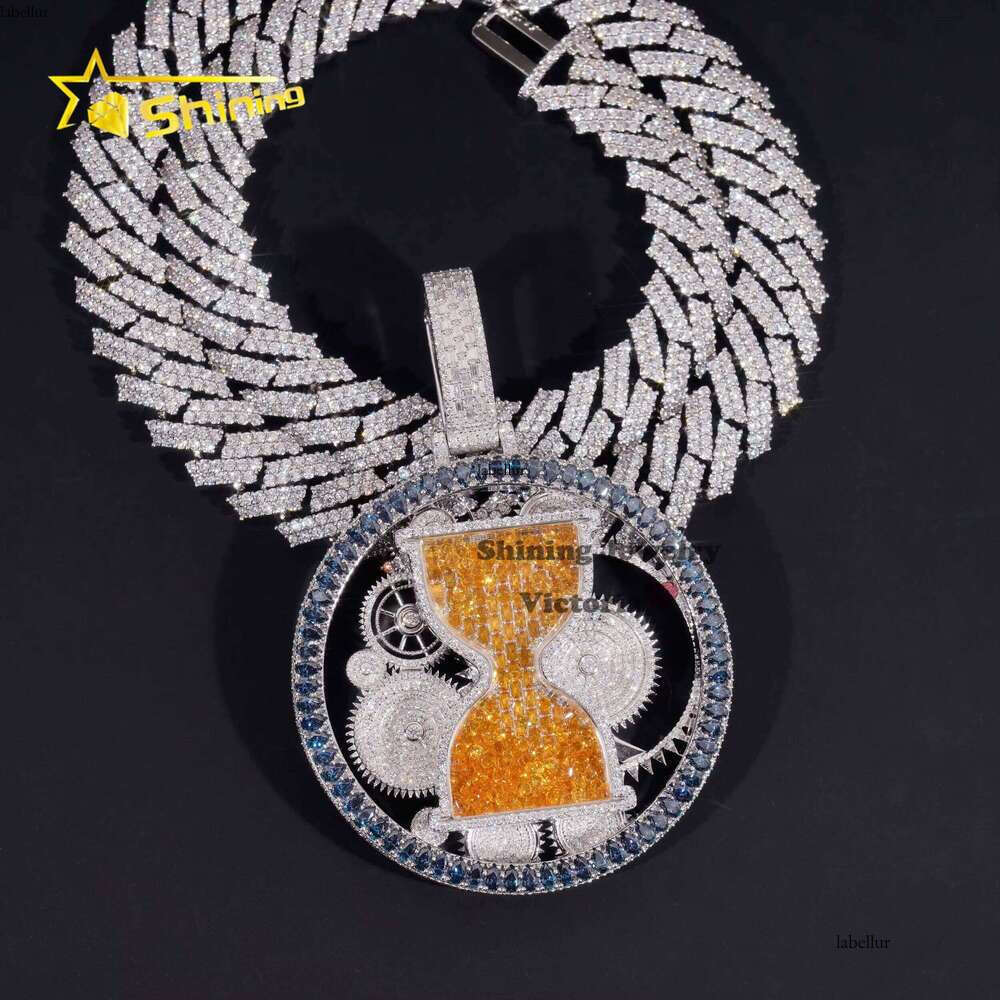Unique Piece Charms Jewelry Custom Moissanite Hour Glass 3 Inches Spinning Iced Out Full Colored Dias Pendant