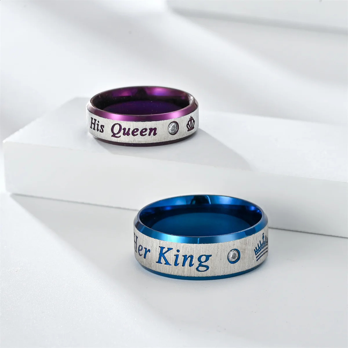 Fashion Stainless Steel Couple Rings Her King His Queen Promise Rings For Men Women With Zircon Anniversary Wedding Band Jewelry 250805