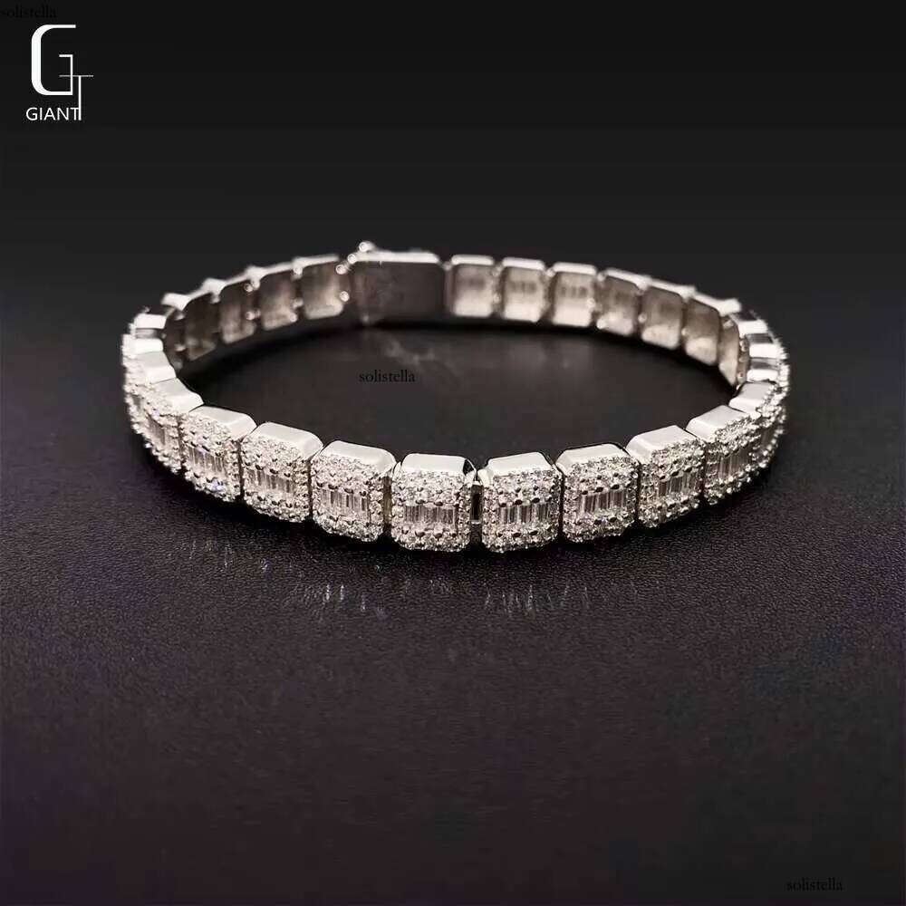 Spring Buckle VVS Moissanite Iced Out Jewelry 9MM Baguette Cut Dia Cuban Link Men Hip Hop Sier Bracelet