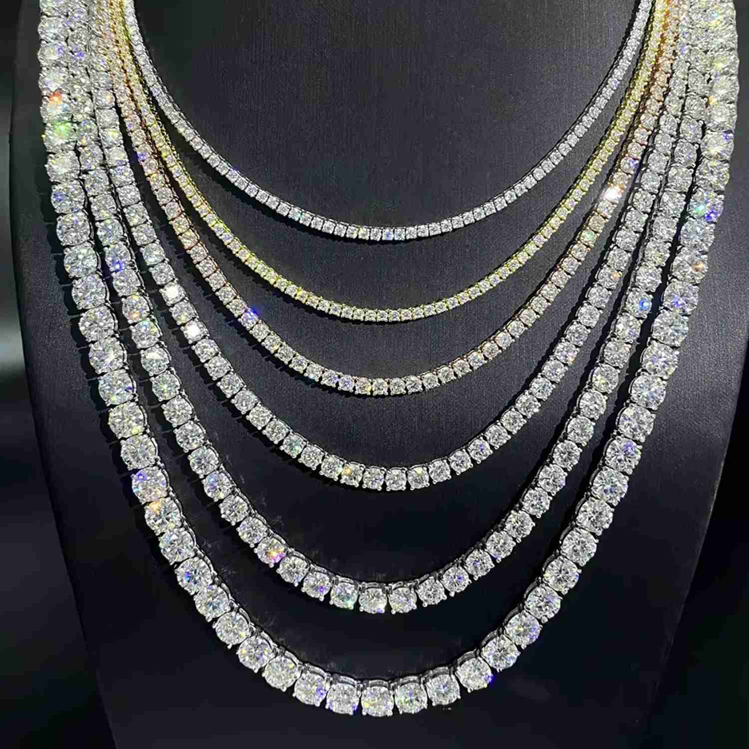 Custom Tennis Chain Jewellery 925 Sterling Silver 2 mm 3 mm 4 mm Zircon Cubic Zirconia Mosaic Diamond Tennis Necklace Adjustable