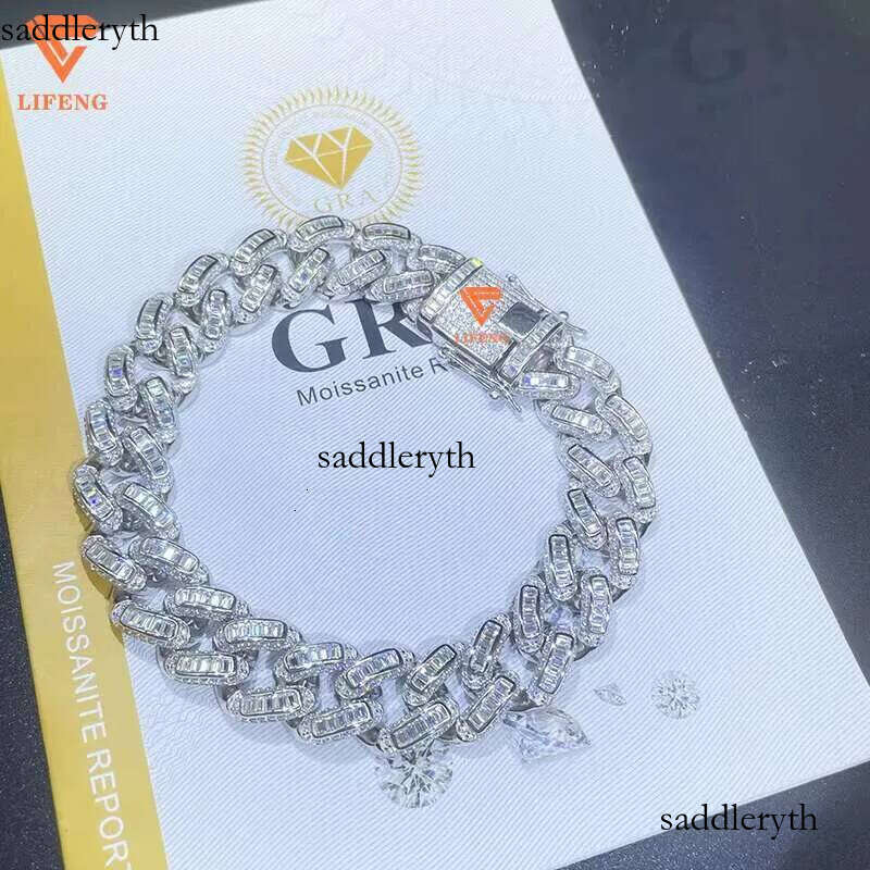 Lifeng Jewelry 14mm VVS Moissanite Baguette Cuban Link Ice Out Hiphop S Sterling Dia Bracelet 35