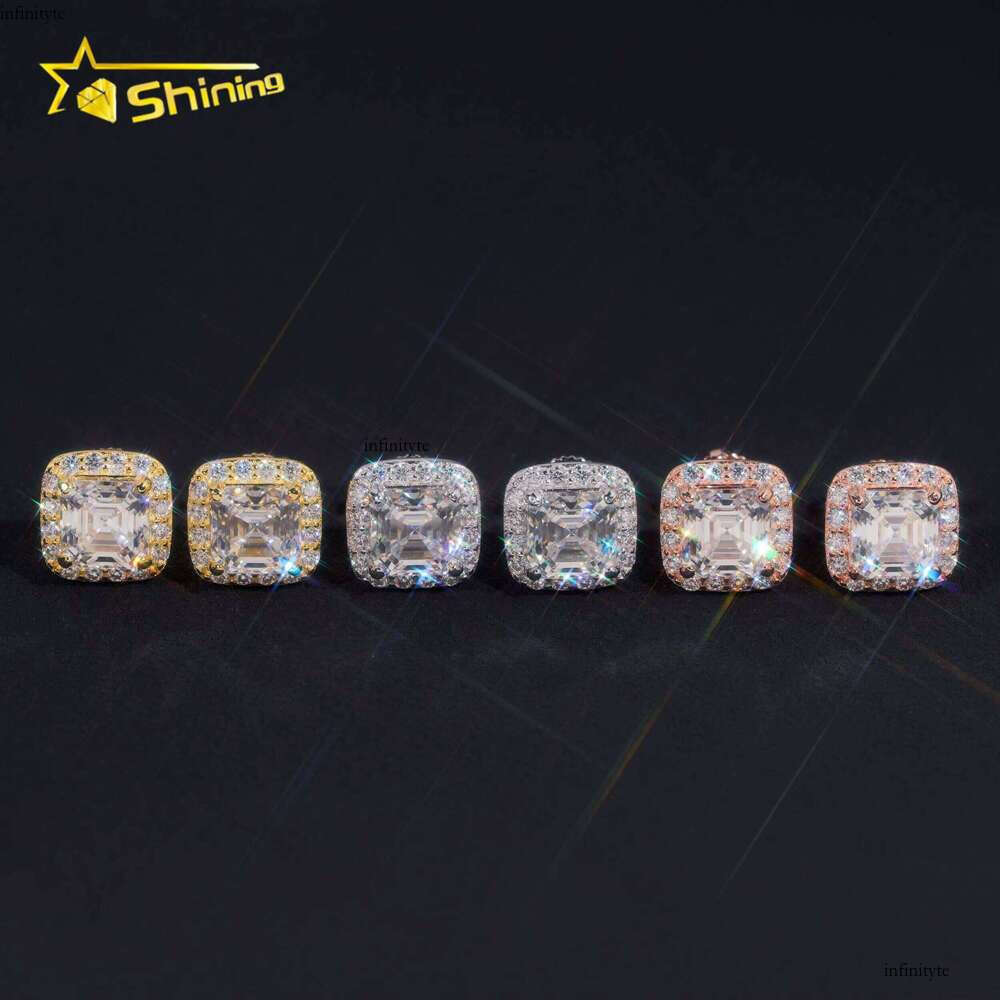 RTS Tester Certified Hip Hop Jewelry Sier Asscher Cut VVS Dia Moissanite Stud Fashion Earrings