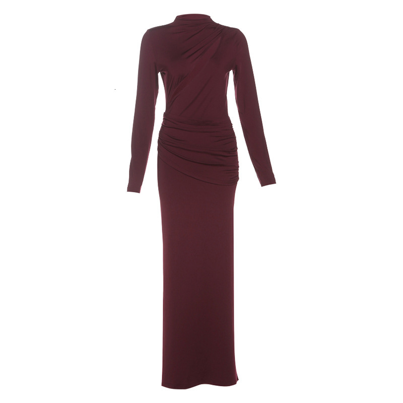 2025 Autumn New Womens Solid Color Sexy Slim Long Dress Ruched Bodycon Long Sleeve Dress