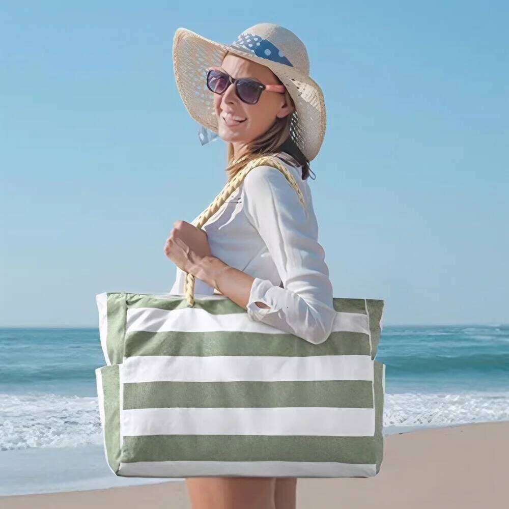 Women Beach Stripe Waterproof Sandproof Shoulder Large Capacity Canvas Tote Travel Overnight Swim Pool Bag