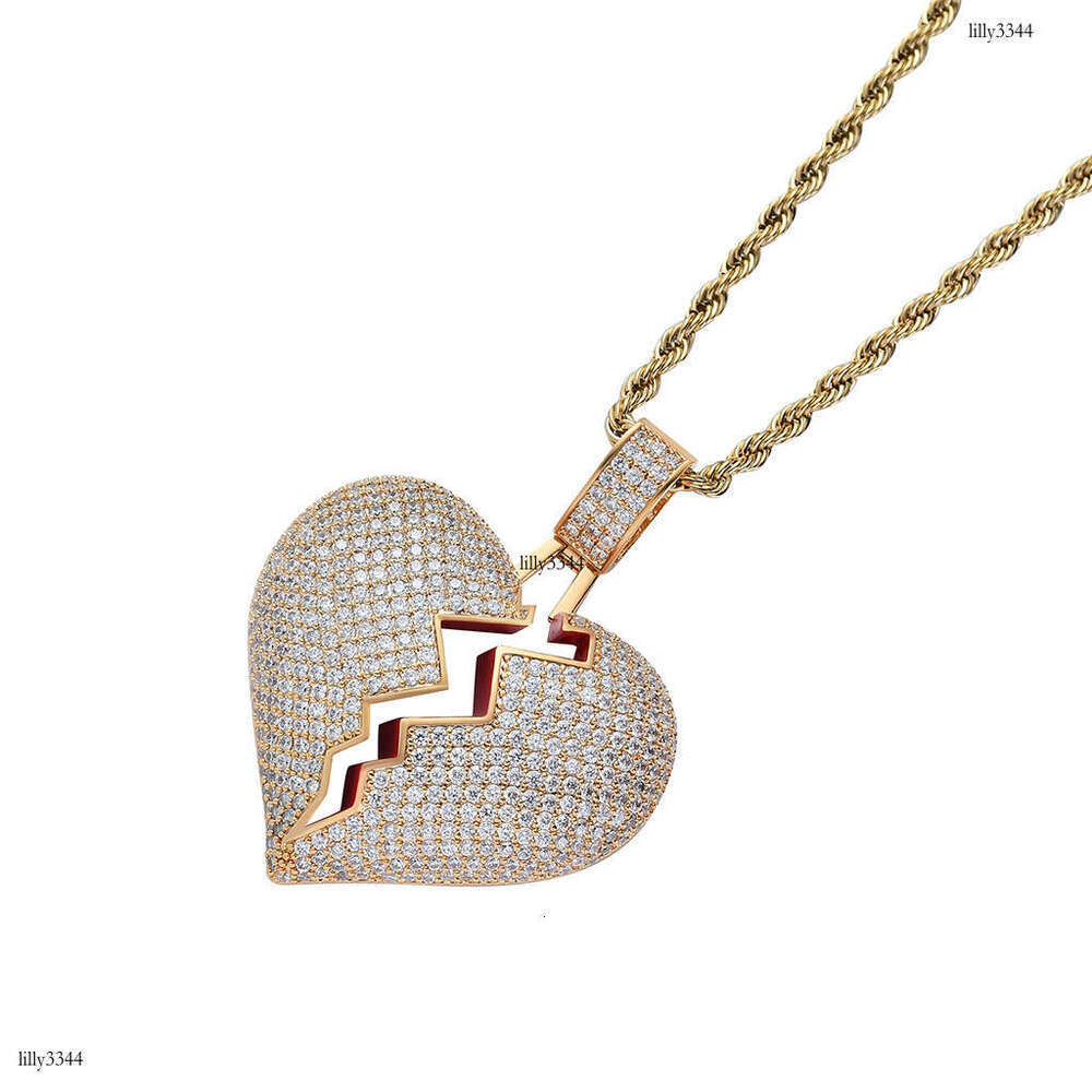 Unique Unisex Couple Heartbreak Pendant Broken Heart Full Moissanite chain Hip Hop Necklace