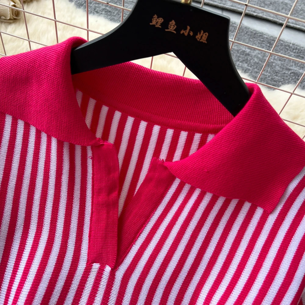 YuooMuoo Summer Vintage Vertical Stripes Knitted Dress Women Turndown Collar Slim Waist Aline Short 250809