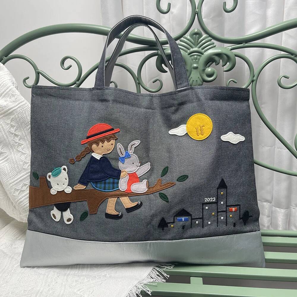 New Cute Ladies Bag Rabbit Embroidery Handbag Denim Cotton Tote 780436