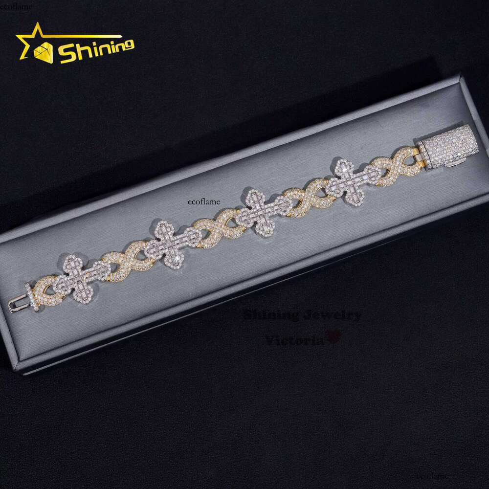 Iced Hip-Hop Jewelry 13mm GRA Cross Moissanite Link Sterling Sier Fashion Infinite Chain Cuban Bracelet
