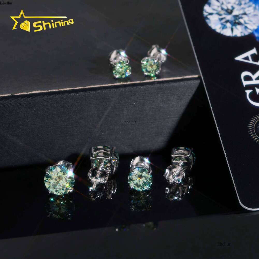 Pass Tester Sterling Sier Blue Green Moissanite Round Stud Hip Hop Earrings