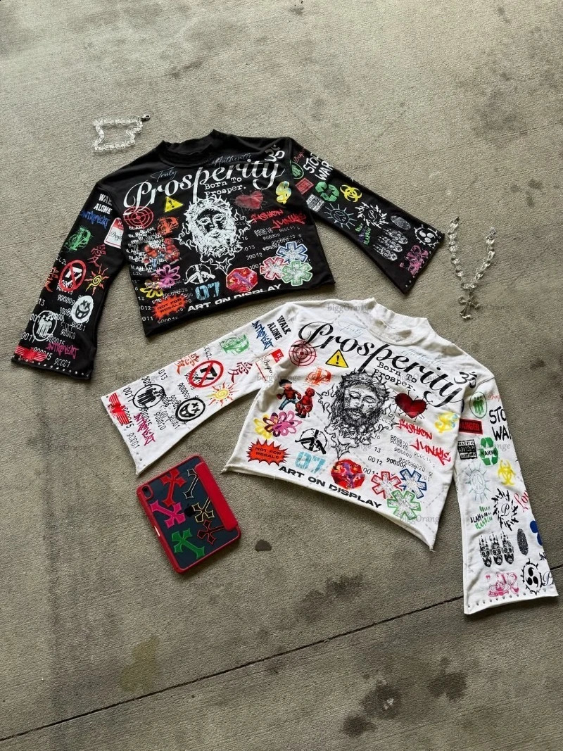 Hiphop Punk Y2K Harajuku Graphic Top Men Gothic Retro Casual Loose Round Neck Long Sleeve Tshirt Women Trendy Streetwear 250809