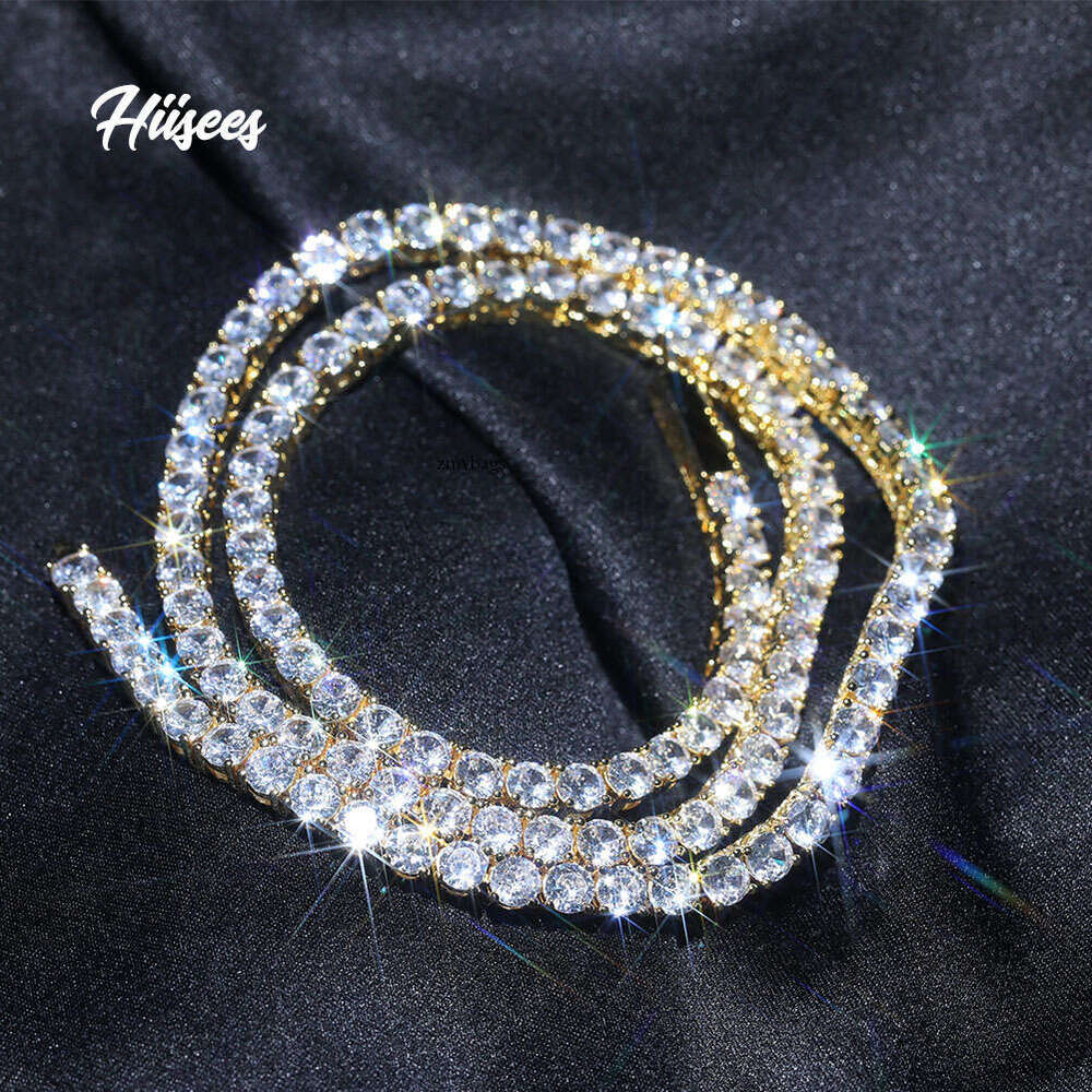 Hiisees Hip-Hop Classic Men's Sterling Silver Inlaid Moissanite chain 4mm Single Row Dia Spring Buckle Tennis Chain Necklace Jewelry