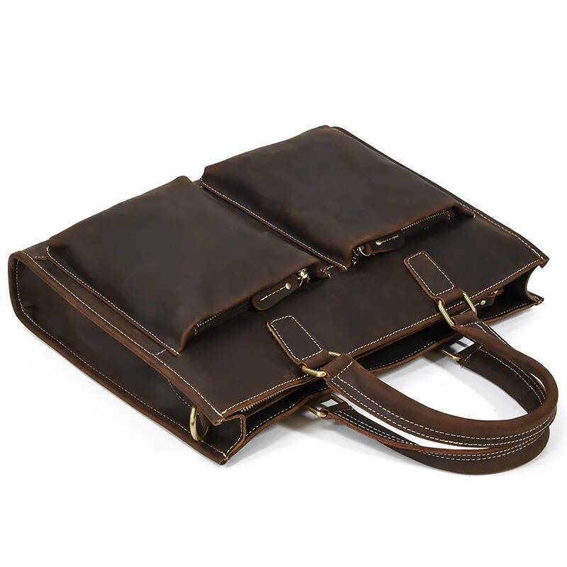 Newsbirds Leather Men 100% Cow Skin Briefcase Shoulder Strap Laptop Handbag With 2 Front Pockets New Designer Bag