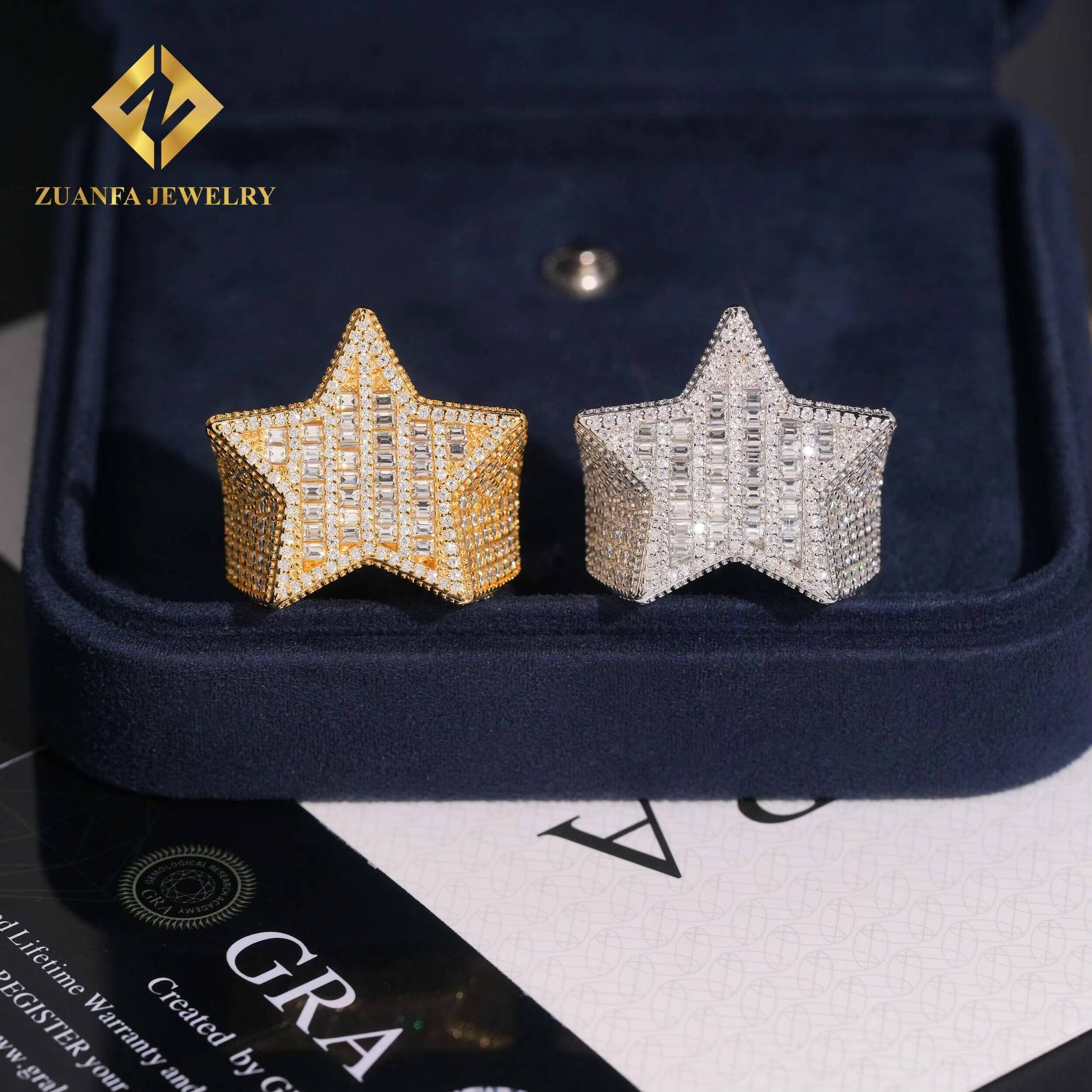 Trendy Jewelry Luxury Design Baguette Diamond Hip Hop Five Stars 925 Silver Iced Out VVS Moissanite Ring Mens
