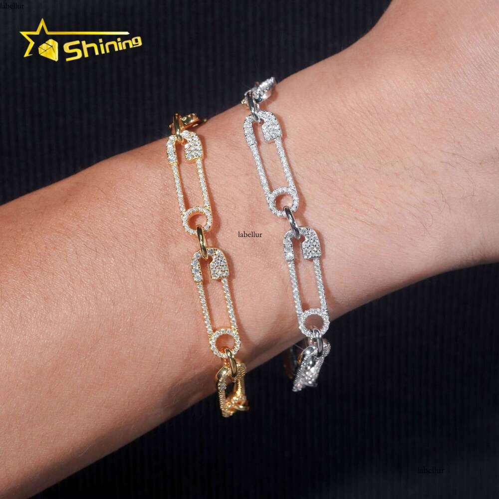 Hip Hop Jewelry Fashion Paper Clip Style Sier Gold Plated Iced Out Moissanite Tennis Bracelet Gifts