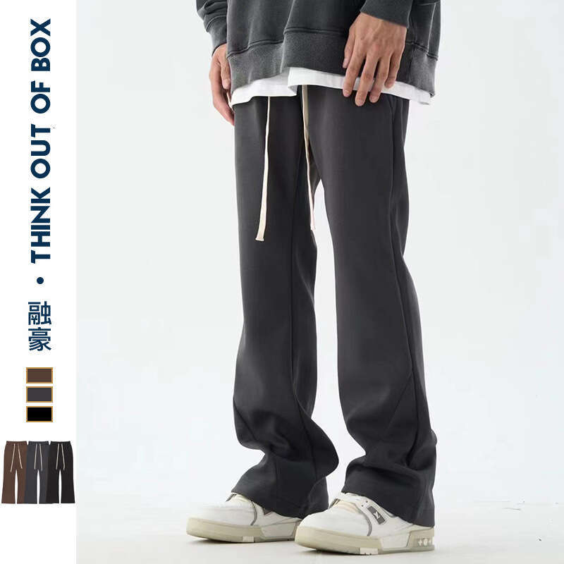 American Style Trendy High Street Basic Versatile Solid Color Simple Casual Men Drawstring Slim Fit Flared Tapered Pants B5
