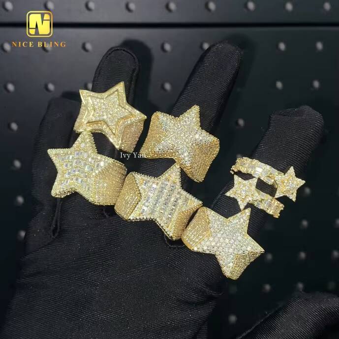 Pass Diamond Tester Iced Out 7 Designs Star Shape Hip Hop Rapper Jewelry Full With VVS Moissanite Diamond 925 Silver Men Ring