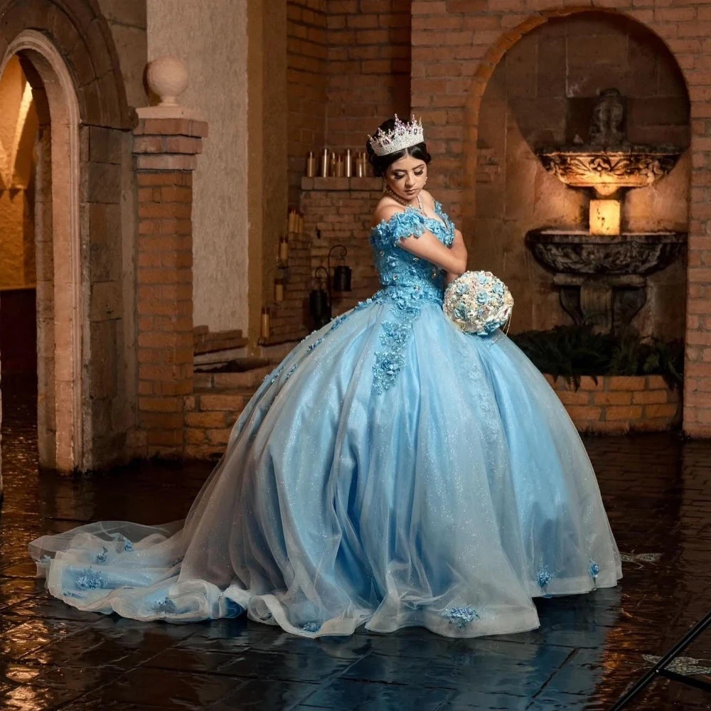 Light Sky Blue Quinceanera Dresses Ball Gown 3D Floral Applique Lace-up Sweet 16 Dress Off Shoulder Princess Prom Occasion Wear
