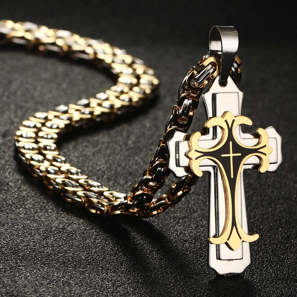Vintage Stainless Steel Fleur-de-lis Cross Necklaces Pendants Long Byzantine Chain Necklaces Men Jewelry NC07 250805