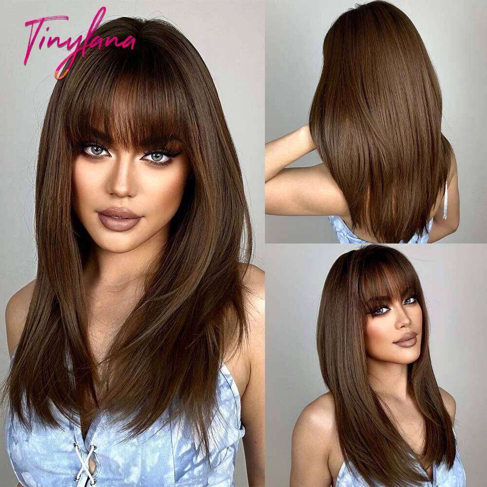 Long Straight Layered Synthetic Wigs with Bangs for Women Afro Brown Daily Natural Cosplay Wig Heat Resistant Fake Hair