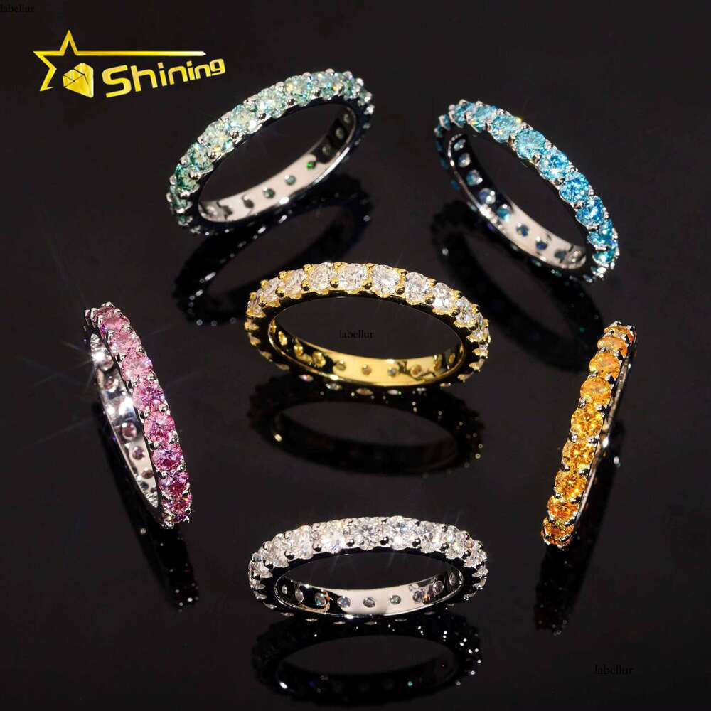 Pass Dia Tester Fine Jewelry Eternity Hip Hop Rings Solid Sterling Sier 3.0mm Colored Moissanite Band Ring