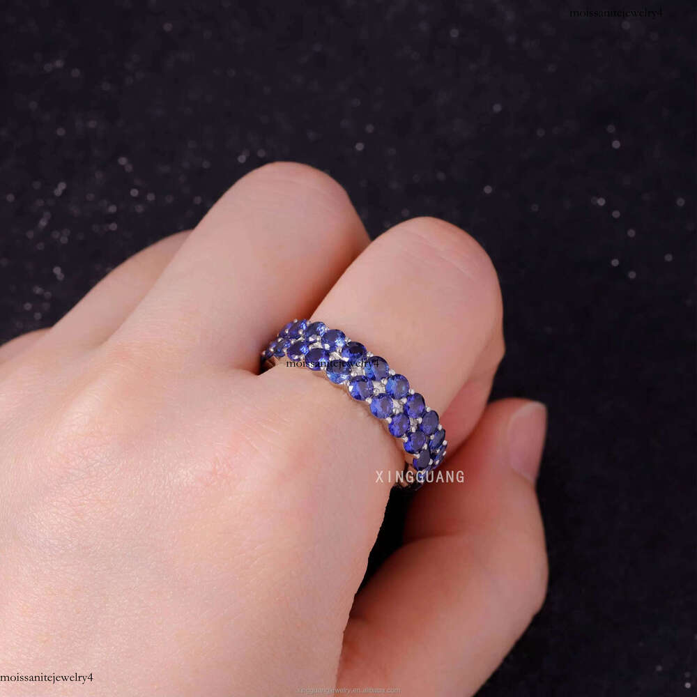 Xingguang Moissanite Jewelry Sterling Sier Lab Grown Sapphire Blue Dia Cuban Ring for Men Women
