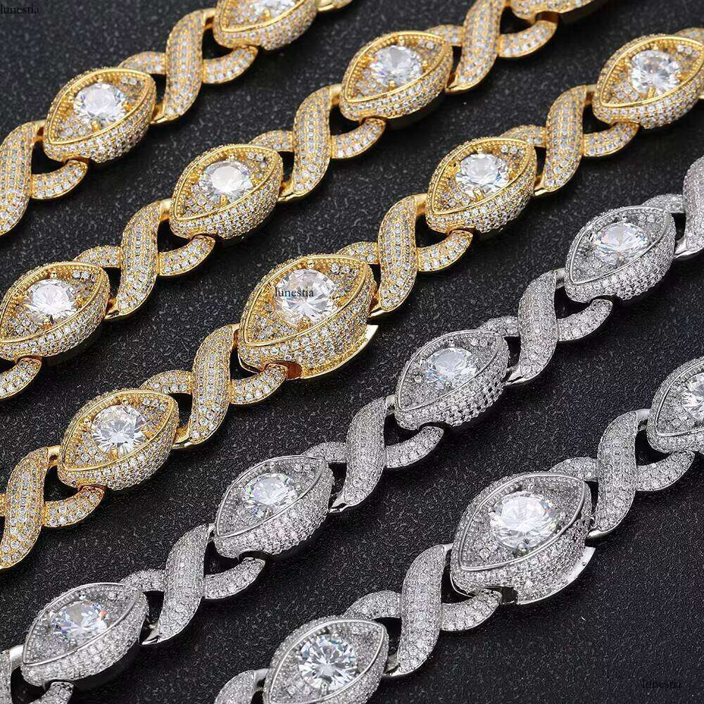 15mm Eye-Shaped Design Dia Gold Plated Iced Out Zircon Cuban Chain Link Bracelet Women Fine Jewelry