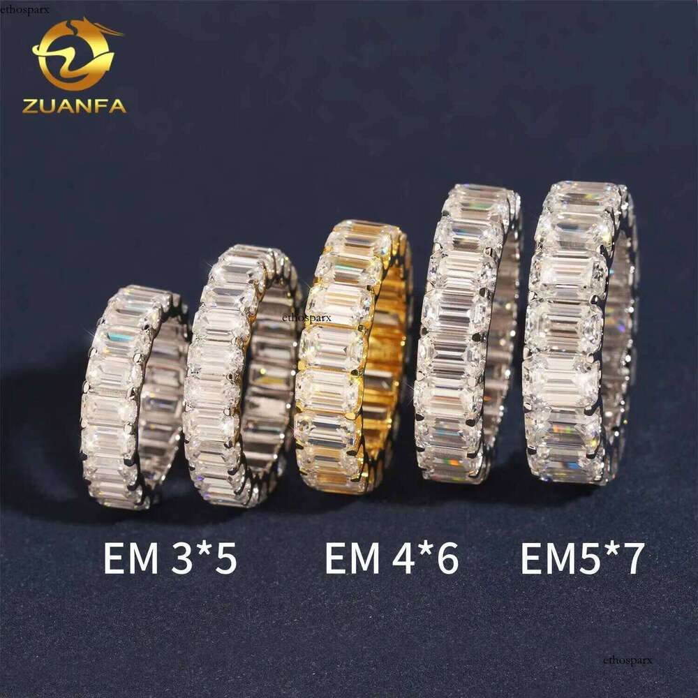 Solid Sier Moissasnite Eternity Ring Iced Out Engagement Rings Emearld Cut Women Men Rapper Jewelry