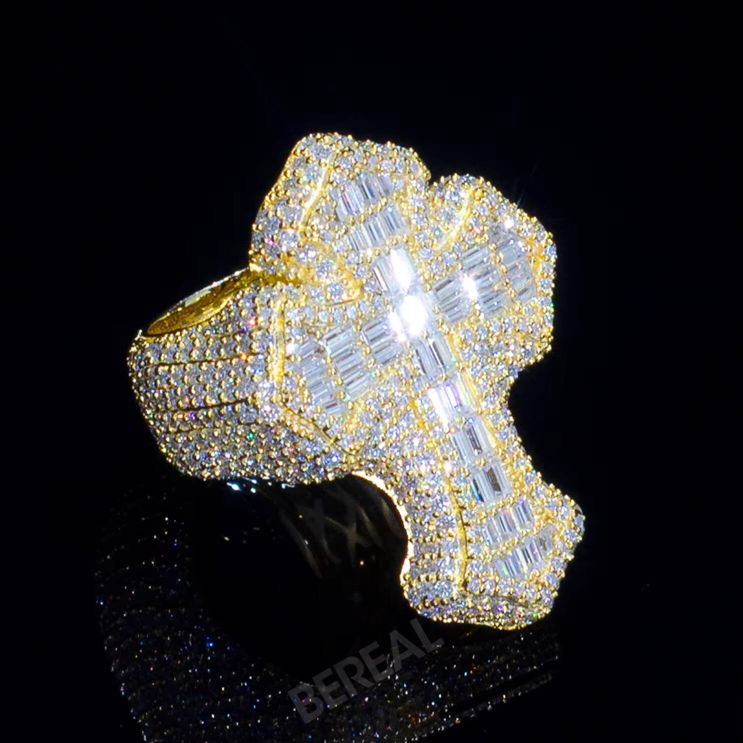 Wholesale Gold Plated Diamond Cross Men Ring Hip Hop Style Iced Out 925 Silver Cuban Link Six-pointed Star Rings