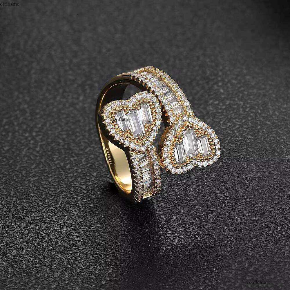 Nuoya High Quality Iced Out Baguette CZ Shape Dia Double Heart Open Finger Ring