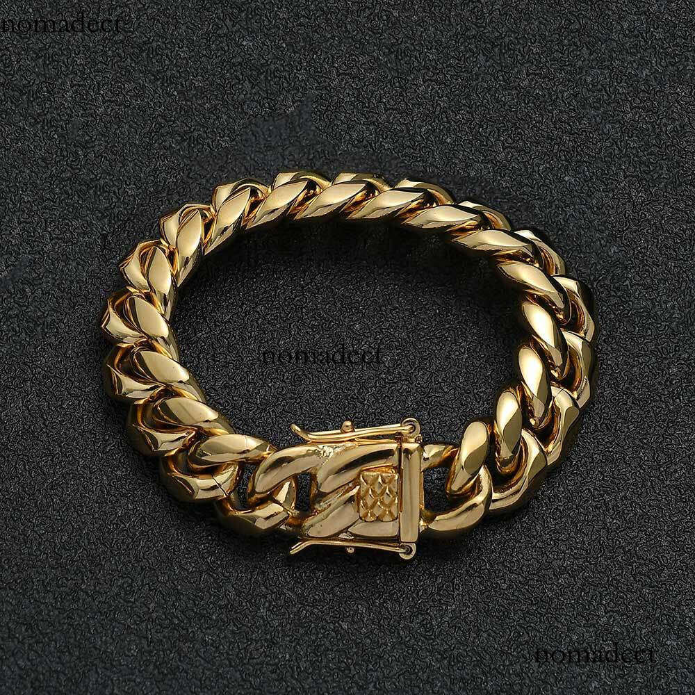 Hip Hop Buckle Encrypted Round Polished Stainless Cuban Real Gold Plated Miami Titanium Steel Men's Bracelet