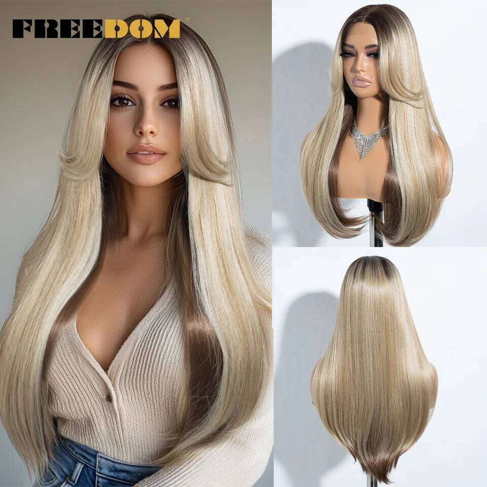 FREEDOM Straight Synthetic Front Wigs For Women 24 Inches Long Lace With Bangs Ombre Brown Blonde Highlight Cosplay Wig