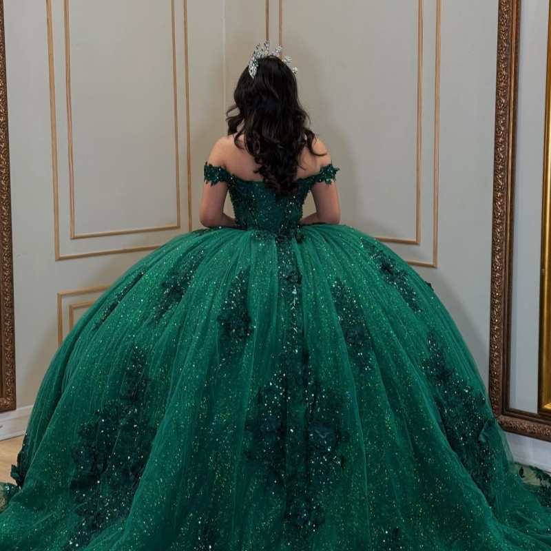 Blackish Green Shiny Quinceanera Dresses Off The Shoulder Applique Flower Beads Tull Ball Gown Vestidos De 15 Anos Sweet 16 Dress