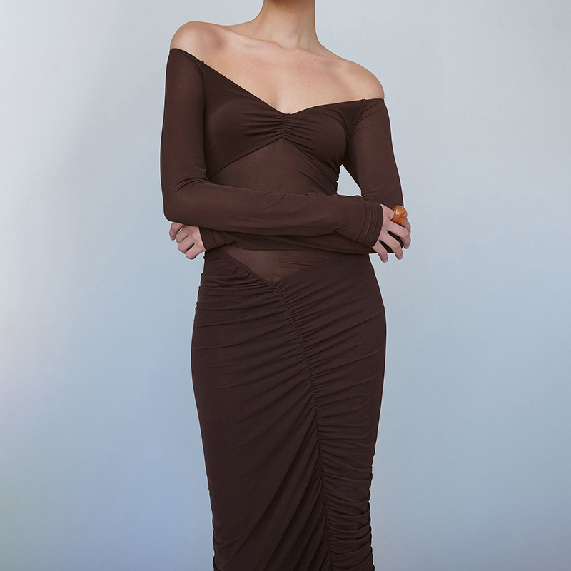 2025 Autumn New Sexy Sheer Off-Shoulder Long Sleeve Ruched Elegant Bodycon Dress for Women