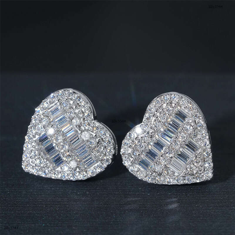 ICED OUT Sier Moissanite Heart-shaped Stud Earrings Hiphop Trendy Jewelry Accessories