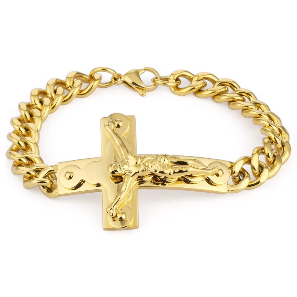 Crucifix Jesus Cross Charm Bracelets Stainless Steel Cuff Bracelets for Men Metal Cuban Hand Chain Religious Male Punk Jewelry 250805