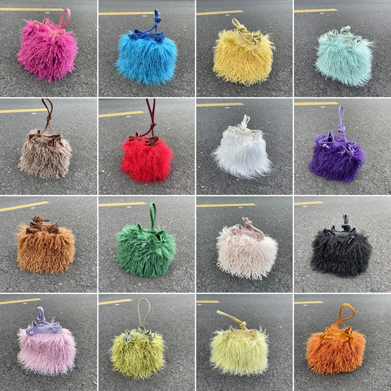 Wool Womens Plush Shoulder Bags Y2k Faux Fur Drawstring Bucket Bag Fashion Female Furry Purse Tote Handbags 250809