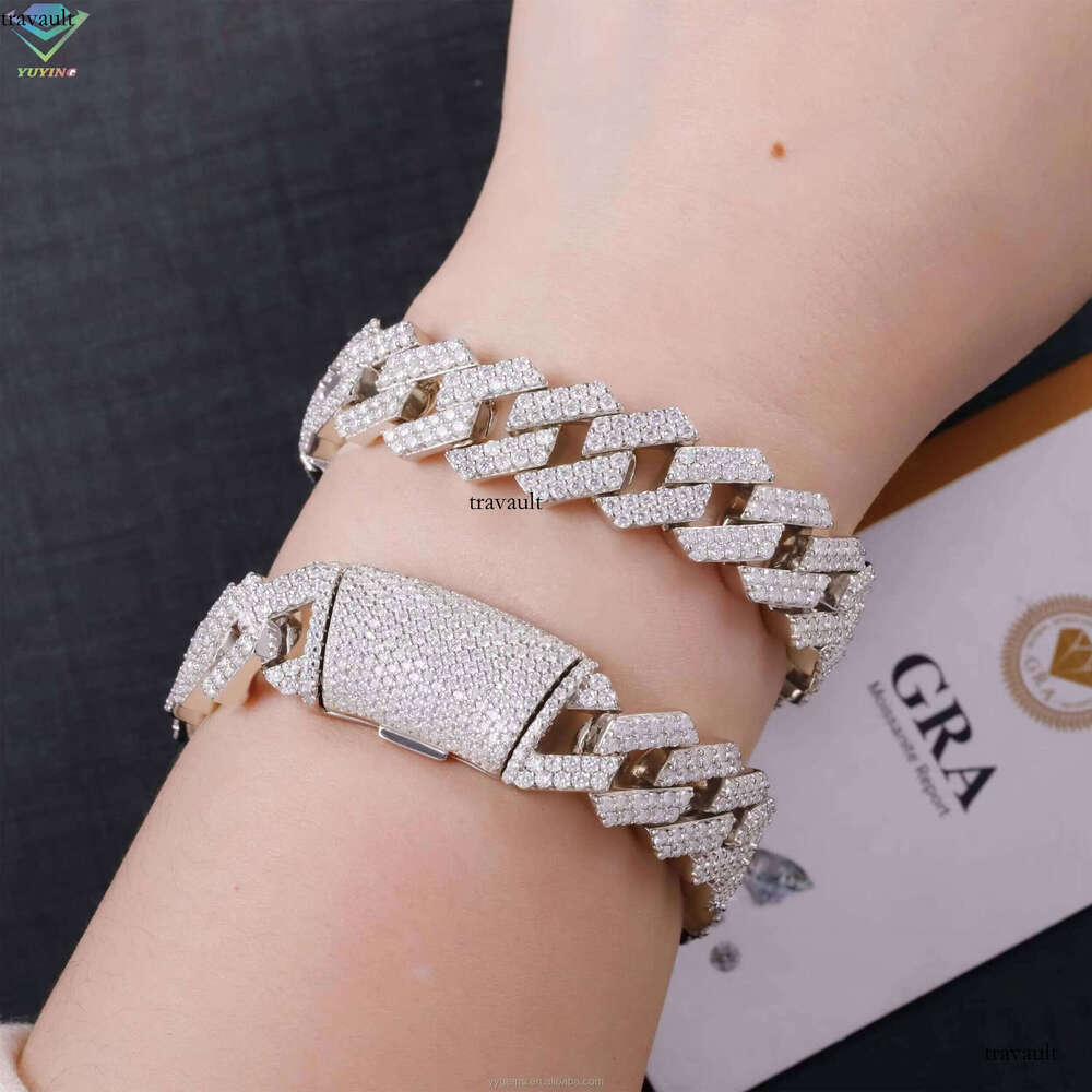 14mm Iced Out Sier 2 Rows White Gold Plated VVS Moissanite Cuban Link Chain Bracelet