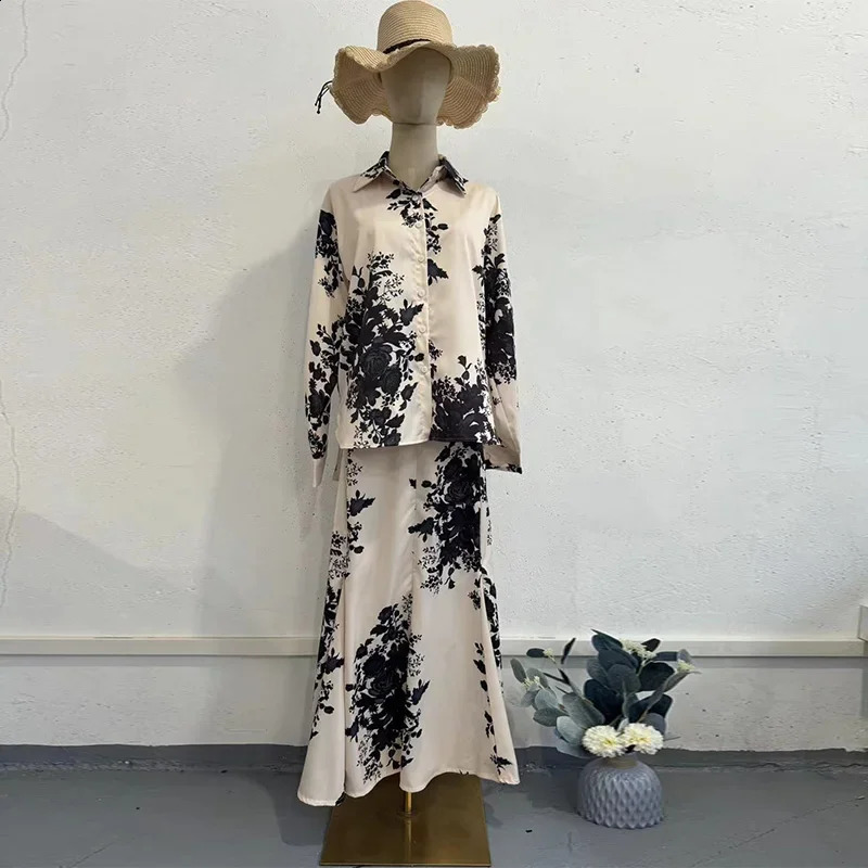 Spring Summer Satin Printed Women Loose Shirt Suits Traf Long Sleeve V Neck Blouse Female Midi Skirt Sets 250808