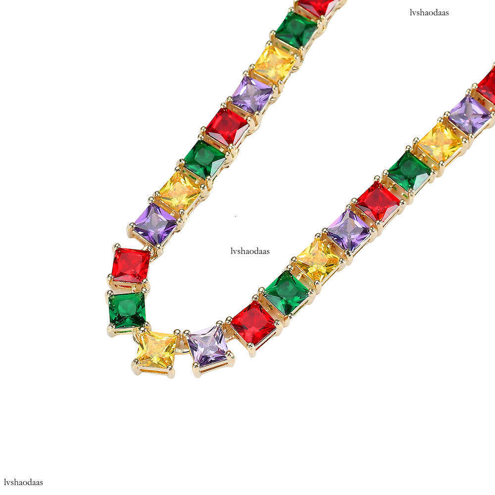 Personality Colorful Micro Paved Four-Color Square Moissanite chain Necklace Trendy Hip Hop Jewelry