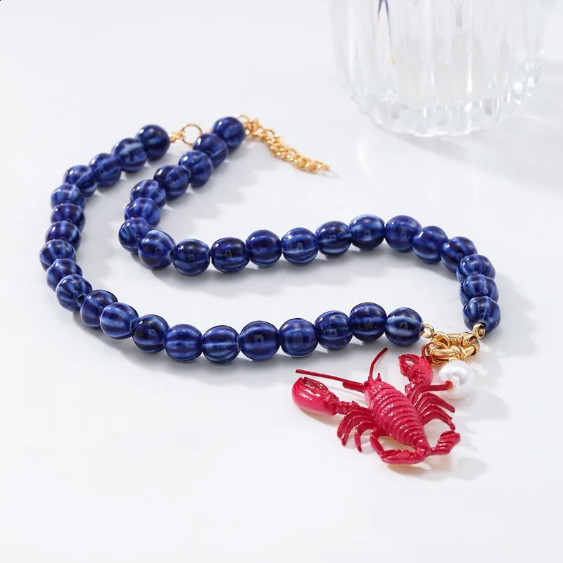 Exaggerated Red Lobster Blue Bead Necklace Handmade Imitation Pearl Summer Beach Fashion Accessory 250805