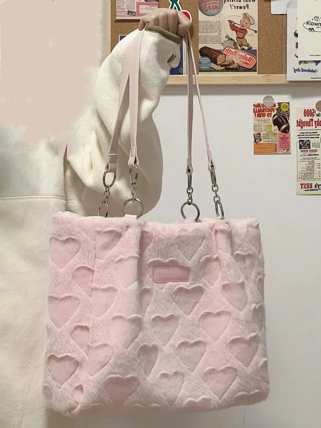 Cute Furry Womens Casual Tote Bags Love Heart Ladies Sweet Shoulder Underarm Bags Solid Color Female Fashion Plush Handbags 250809