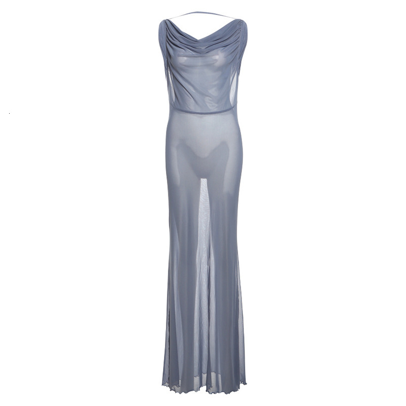 2025 Summer New Womens Fashion Sexy Mesh See-through Halter Backless Slim Long Dress