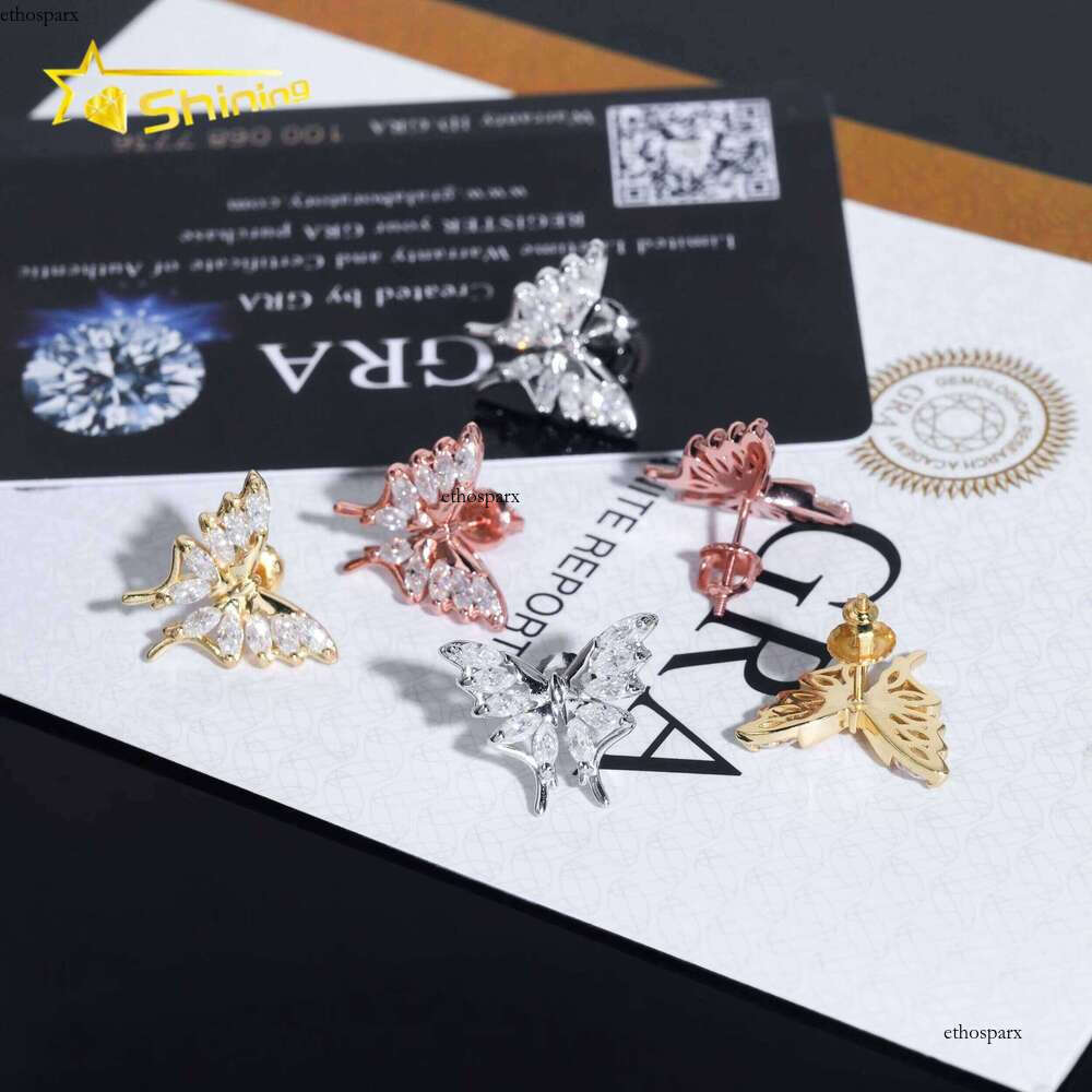 New Arrival D Color Dia Solid Sterling Sier Cute Bling Butterfly Moissanite Earrings Stud for Women
