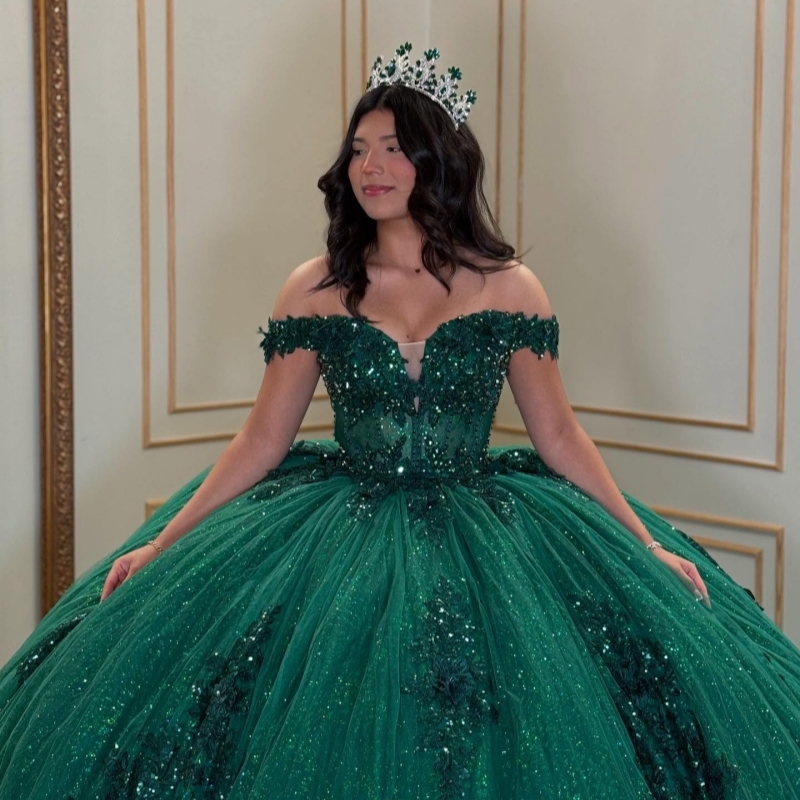 Blackish Green Shiny Quinceanera Dresses Off The Shoulder Applique Flower Beads Tull Ball Gown Vestidos De 15 Anos Sweet 16 Dress