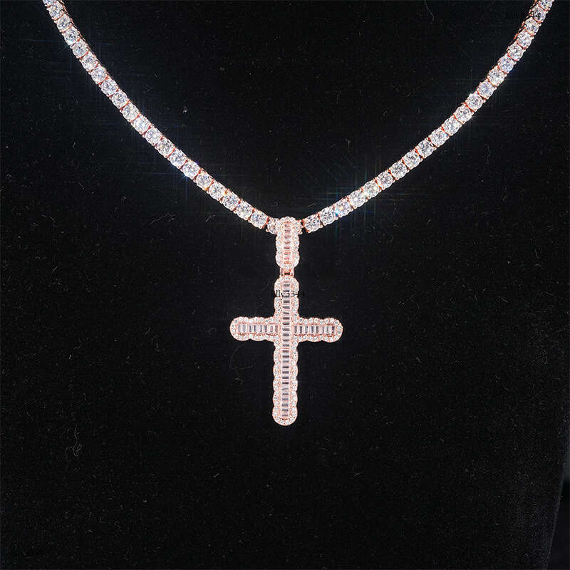 Straight Cross Pendant Sterling Silver Inlaid with Full Dia Moissanite chain Trendy HIPHOP Jewelry