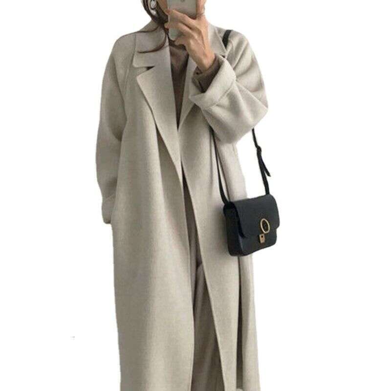 Women's mid-length suit collar loose tie double-sided woolen coat