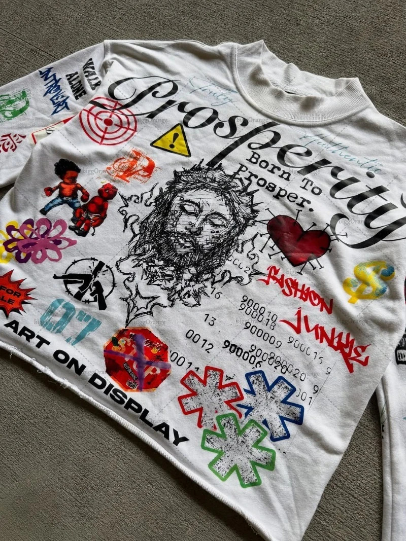 Hiphop Punk Y2K Harajuku Graphic Top Men Gothic Retro Casual Loose Round Neck Long Sleeve Tshirt Women Trendy Streetwear 250809