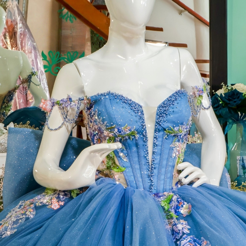 Blue Shiny Quinceanera Dresses Off The Shoulder Sequin Applique Lace Beading Bow Tull Party Birthday Ball Gown Vestidos De 15 Anos Sweet 16 Dress
